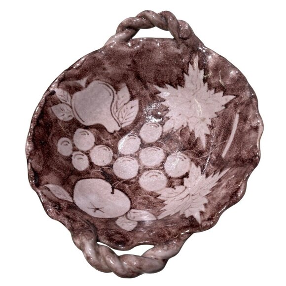 Vietri Pottery Bowl 7" Small Hand Painted Brown Beige Fruit Ruffle Edge Tuscan - Picture 2 of 6